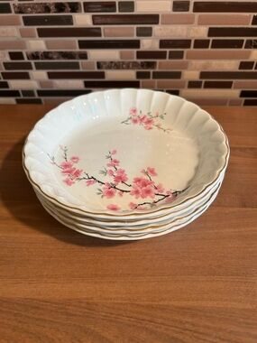 Vintage Floral Pink Blossom Porcelain Dinner Bowls with Gold Rim - Set of 4